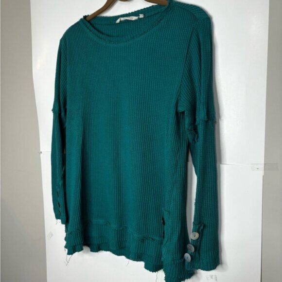 Soft Surroundings Waffle Knit Top Women’s Medium Teal Boho Decorative Buttons - Picture 6 of 12